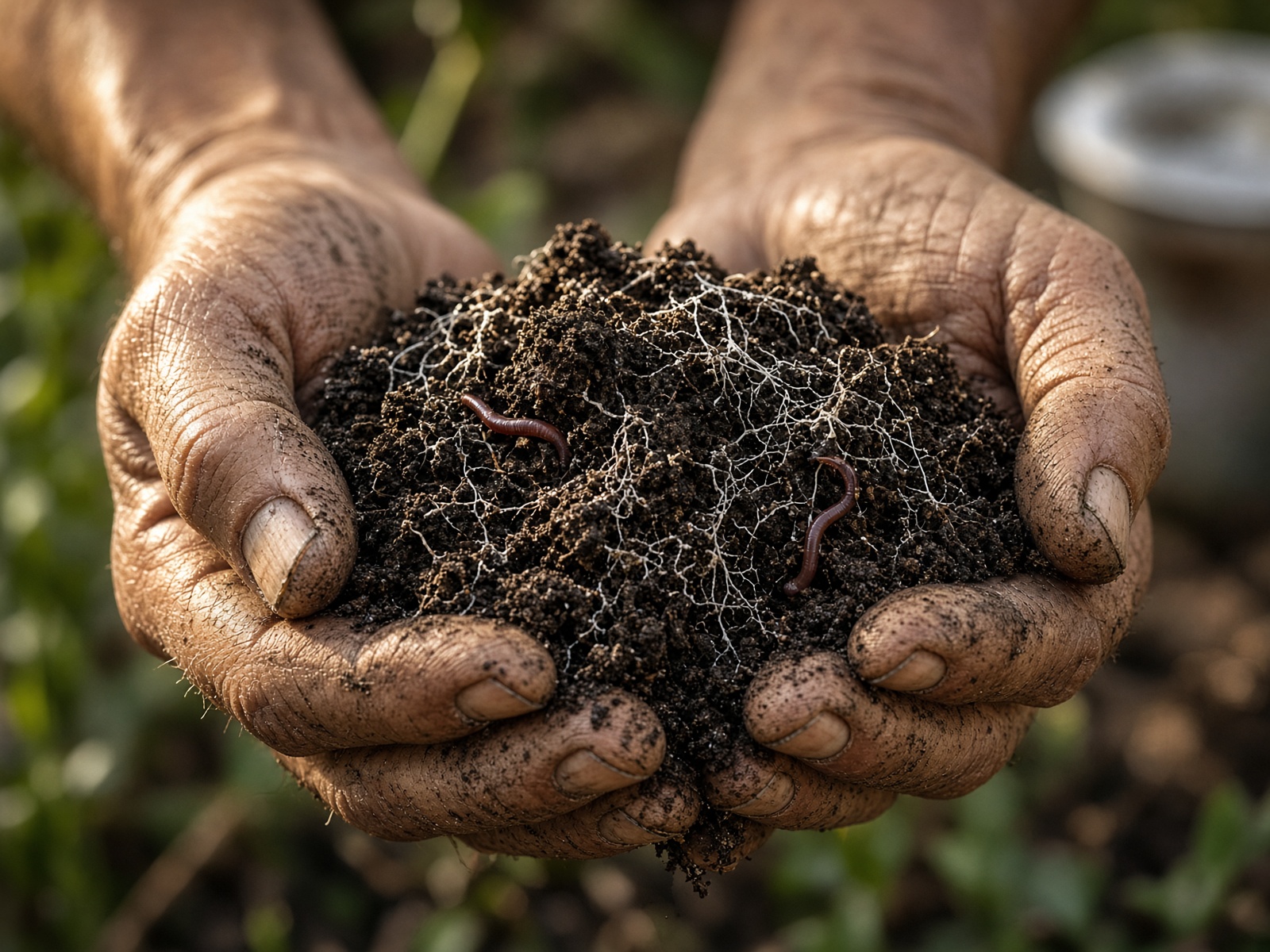 Hands holding dark living compost